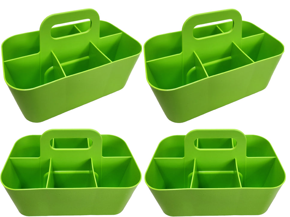 Small - 4 Pack, Stackable Plastic Caddy with Handle 6 Compartment | Desk, Makeup, Dorm Caddy, Classroom Art Organizers Made In USA