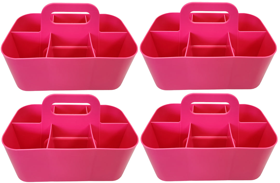 Small - 4 Pack, Stackable Plastic Caddy with Handle 6 Compartment | Desk, Makeup, Dorm Caddy, Classroom Art Organizers Made In USA