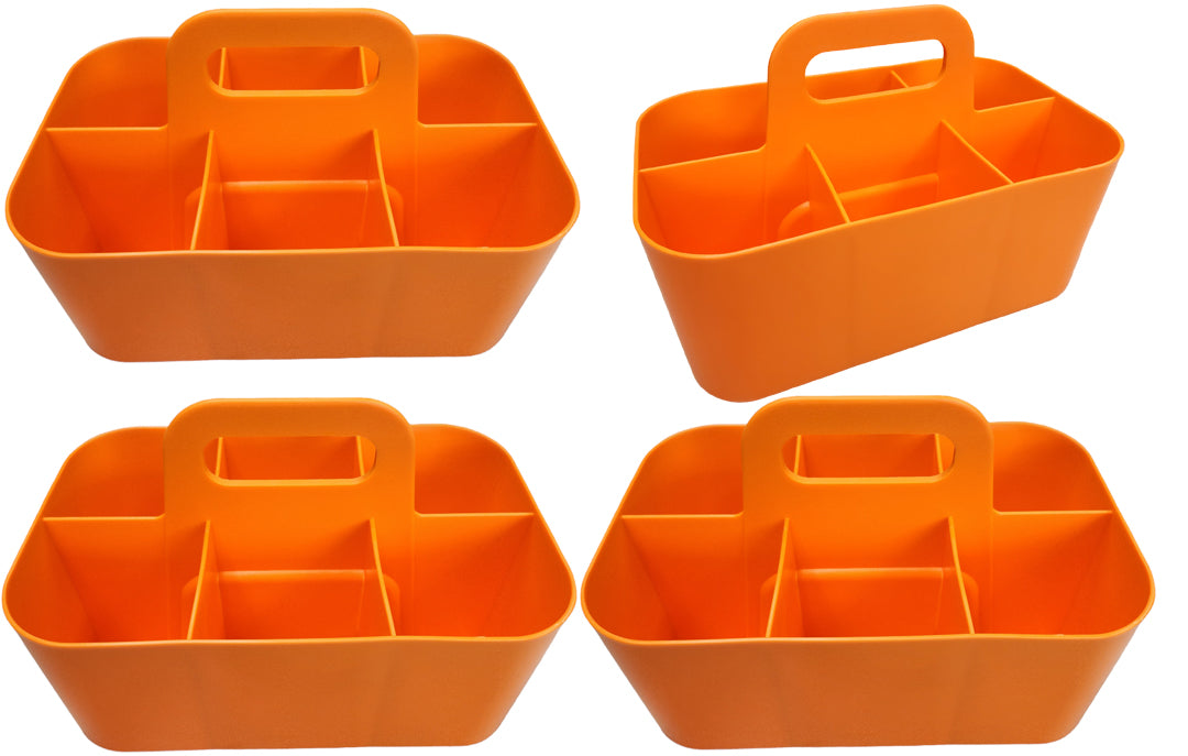 Small - 4 Pack, Stackable Plastic Caddy with Handle 6 Compartment | Desk, Makeup, Dorm Caddy, Classroom Art Organizers Made In USA