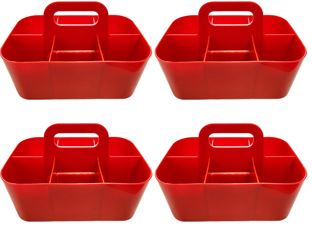 Small - 4 Pack, Stackable Plastic Caddy with Handle 6 Compartment | Desk, Makeup, Dorm Caddy, Classroom Art Organizers Made In USA