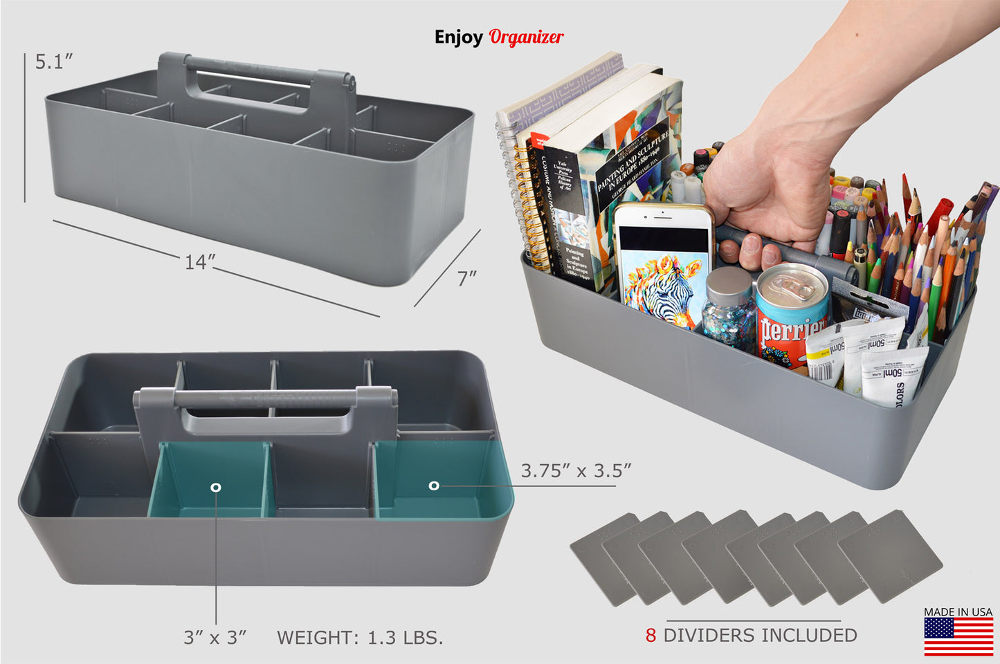 Enjoy Organizer - 6 PACK Portable Caddy Stackable Divided Organizer with Handle 8 Compartment - Made In USA