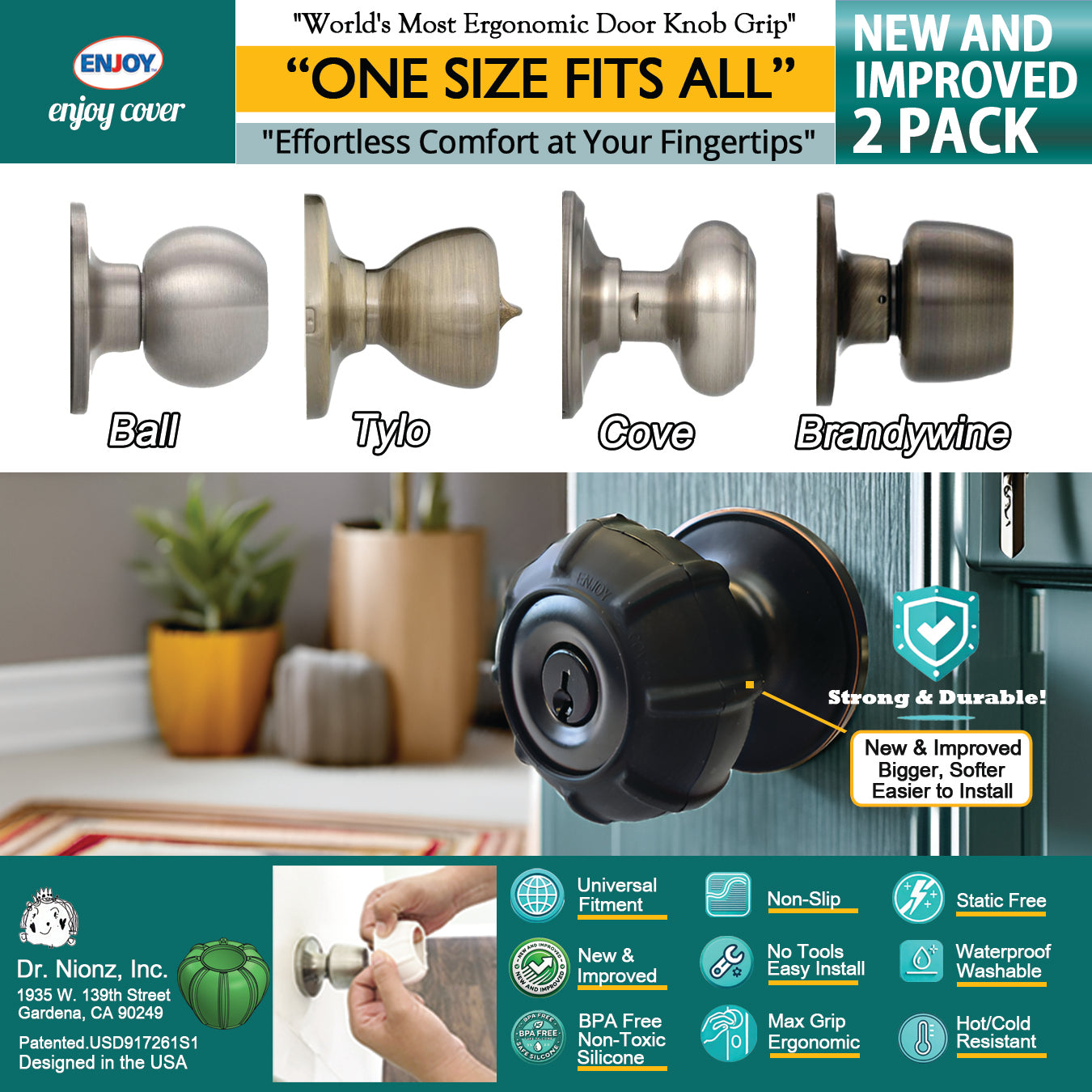 Enjoy Cover | 2 Pack Upgraded Ergonomic Design Door Knob Cover Grips, Non-Slip, Arthritis and Senior Living Aids, Universal Size