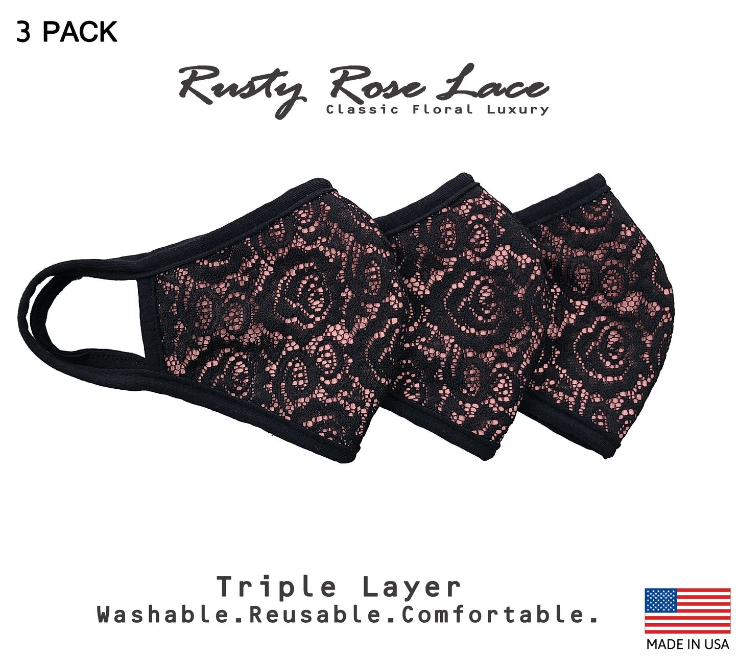 London Style Women Classic Floral Lace Face Mask 3 PACK (Lace Limited Collection) Made In USA