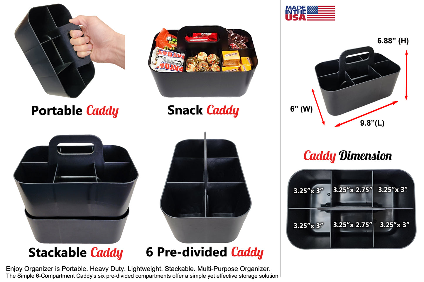 Small - 4 Pack, Stackable Plastic Caddy with Handle 6 Compartment | Desk, Makeup, Dorm Caddy, Classroom Art Organizers Made In USA