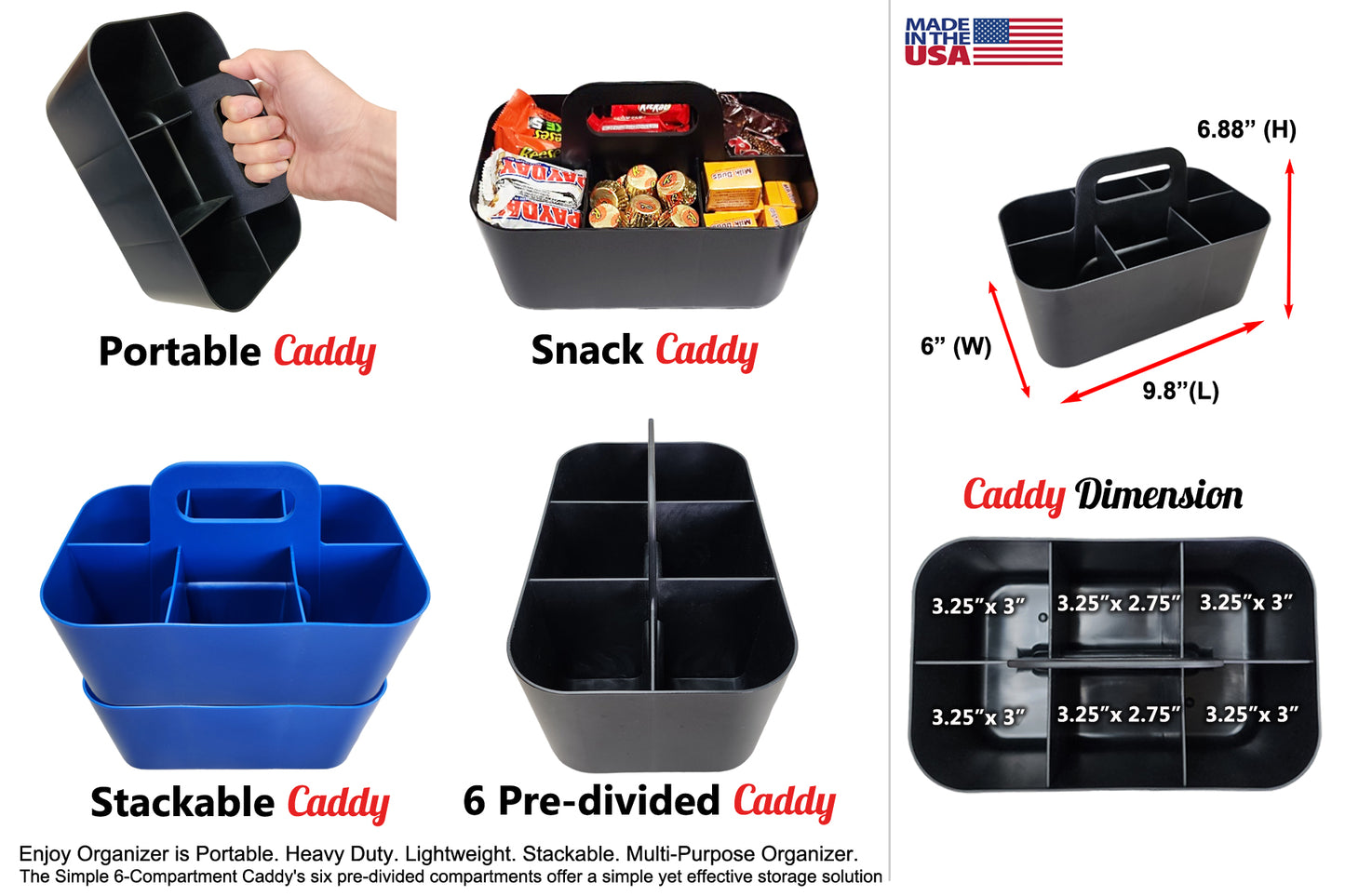 Enjoy Organizer -Small Plastic Portable Stackable Art Caddy Organizer with 6 Compartments Made In USA