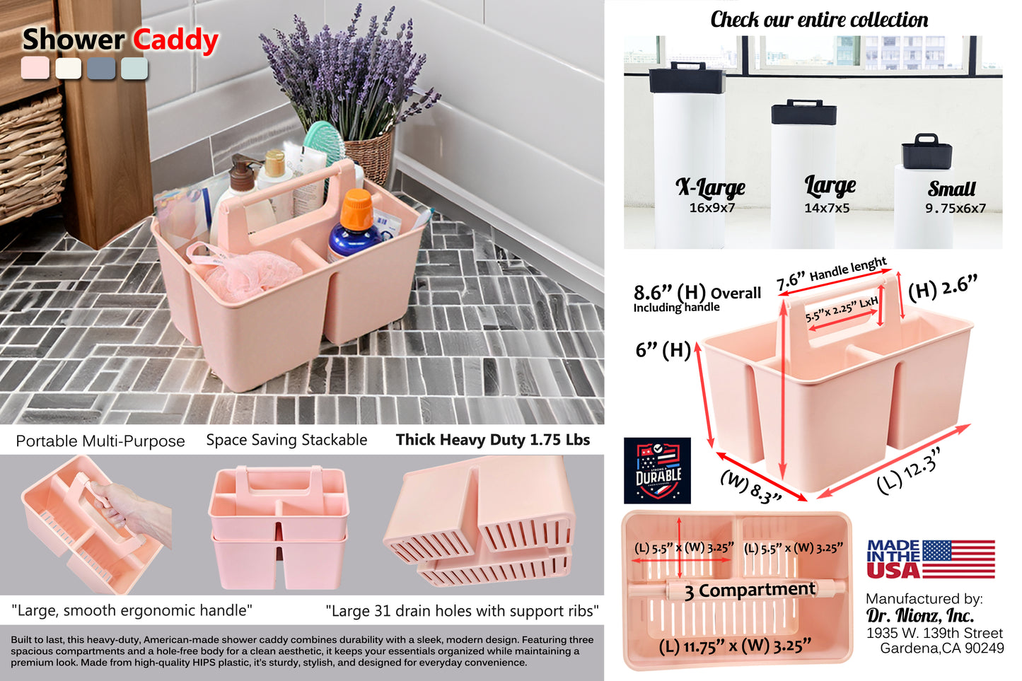 Enjoy Organizer-Shower Caddy Organizer with Handle, 3 Compartments, Portable Storage Bin for Bathroom, Dorm, Gym -Made In USA