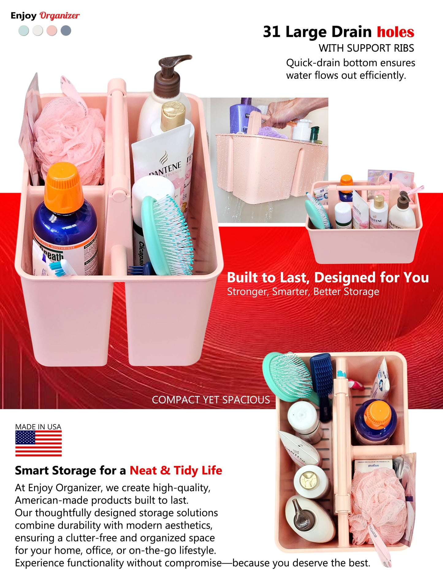 Enjoy Organizer-Shower Caddy Organizer with Handle, 3 Compartments, Portable Storage Bin for Bathroom, Dorm, Gym -Made In USA