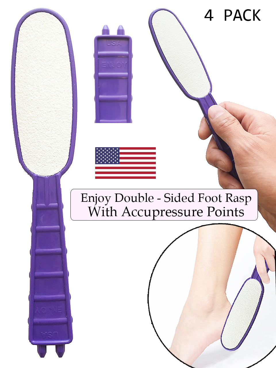 4 Pack Foot File for Callus Trimming and Callus Removal Double Sided- Purple - Made in USA