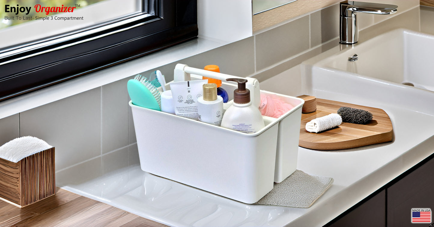 Enjoy Organizer-Shower Caddy Organizer with Handle, 3 Compartments, Portable Storage Bin for Bathroom, Dorm, Gym -Made In USA