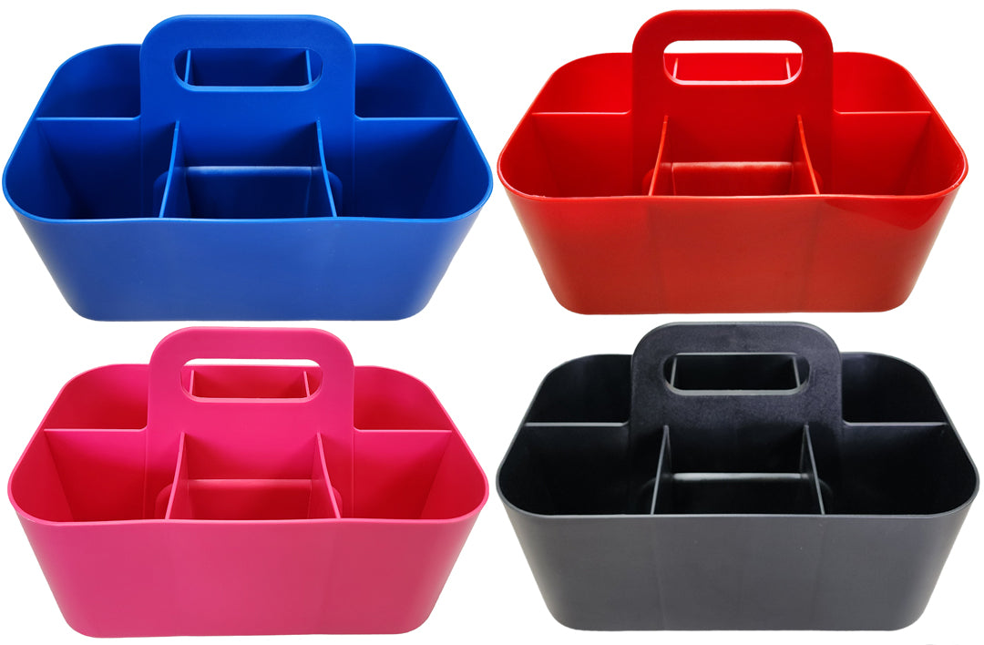 Small 4 Pack Mix Stackable Plastic Caddy with Handle 6 Compartment | Desk, Makeup, Dorm Caddy, Classroom Art Organizers Made In USA