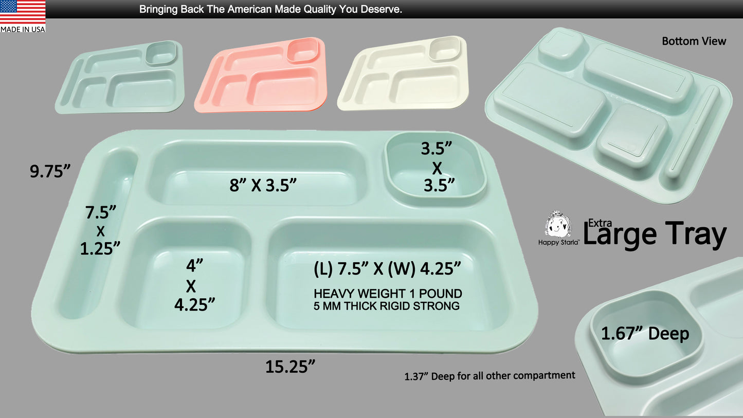 Happy Starla Extra Large Plastic Divided Plates for Adults, School Lunch Trays, Fast Food, Cafeteria Trays with Compartments 15.25"x 9.75"