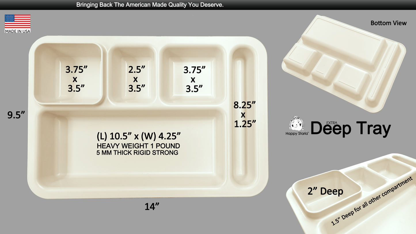 Right-Hand Heavy Weight Extra Deep Tray 5-Compartment Cafeteria,Fast Food,Home,Events,Dinner Food Plate, 9.5" x 14" Made in USA