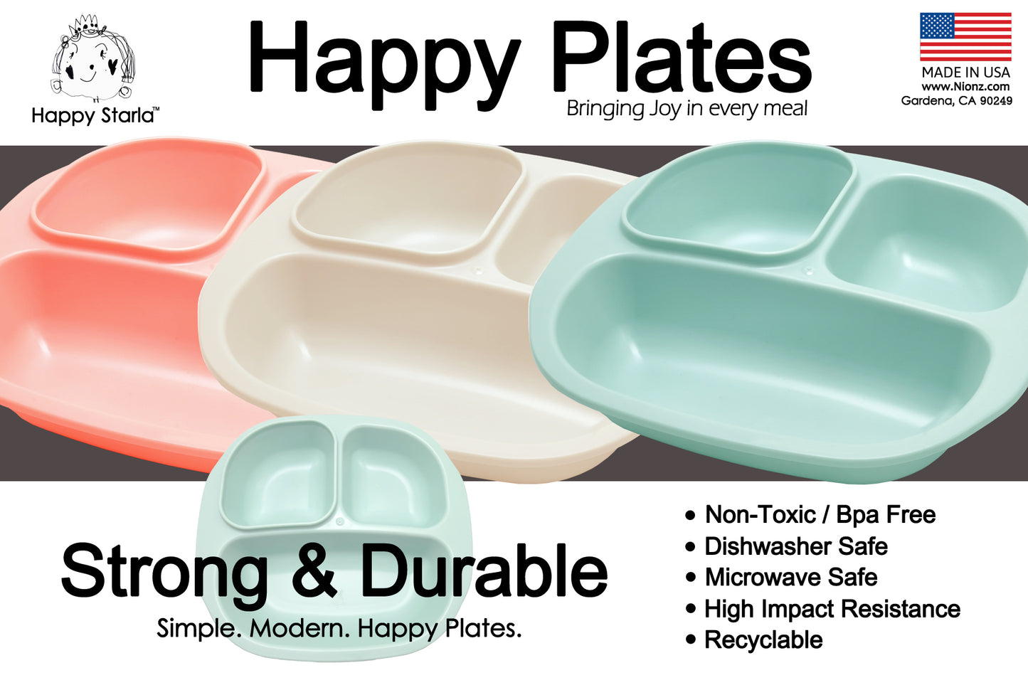 3 Pack Smiley Food Plates Bowl Serving Tray For Kids Adults Made In USA Bpa Free