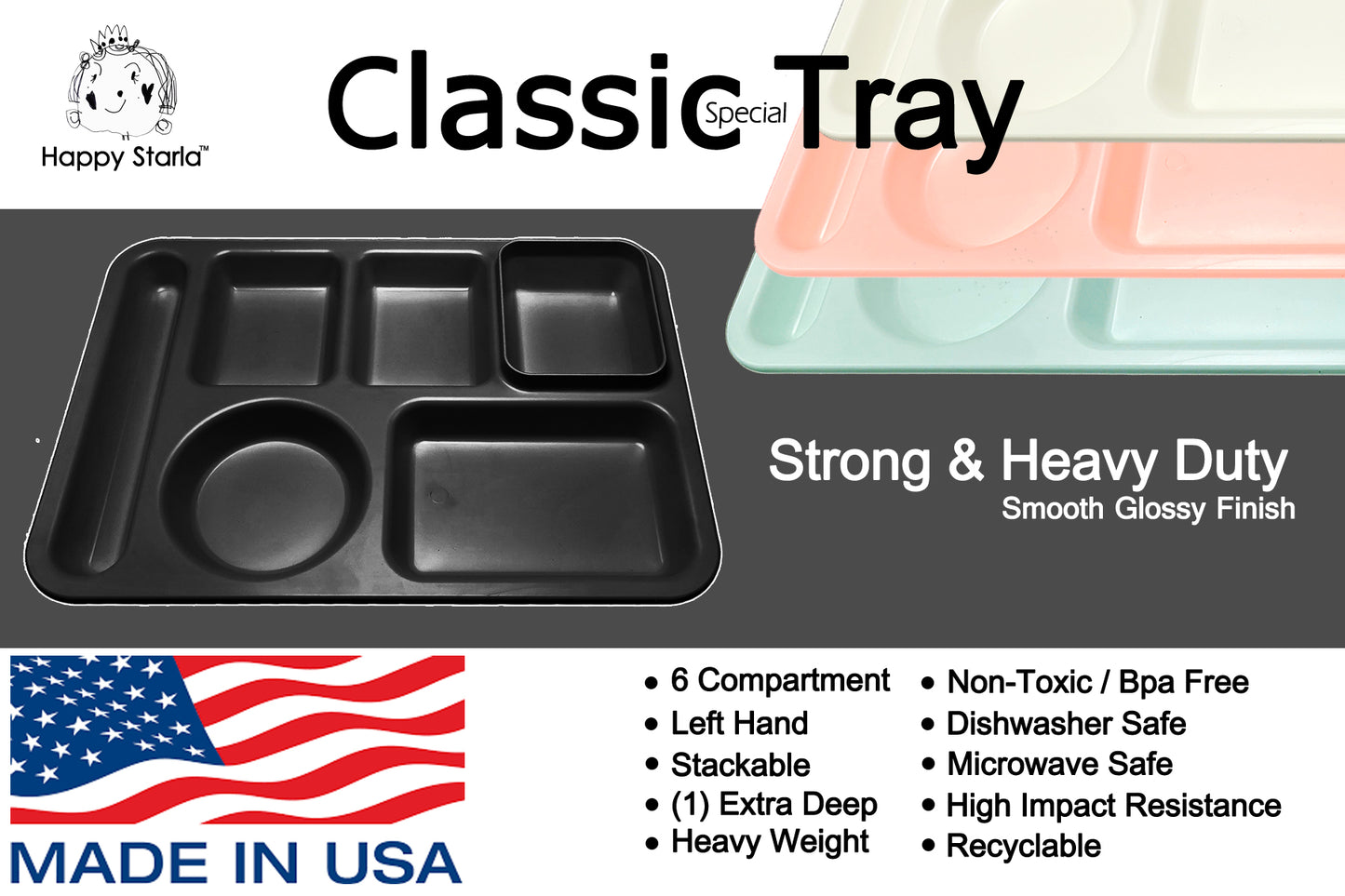 Classic Plastic Divided Plates for Adults, School Lunch Trays for Kids,Fast Food Trays Cafeteria Trays with 6 Compartments