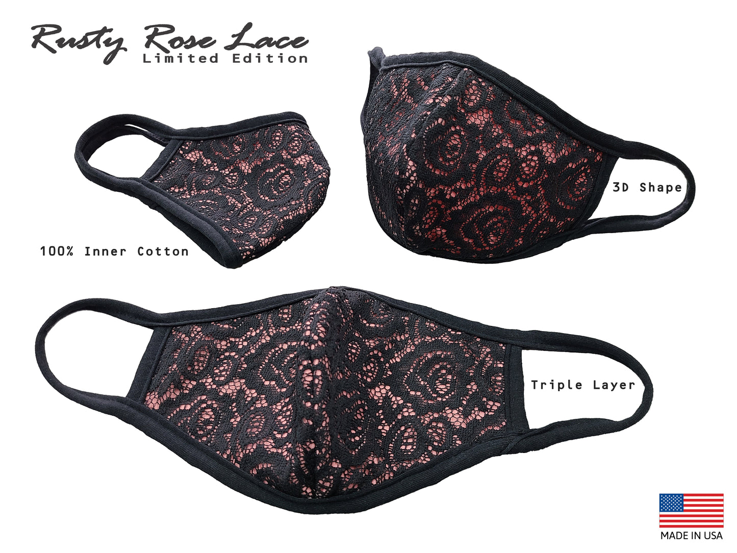 London Style Women Classic Floral Lace Face Mask 3 PACK (Lace Limited Collection) Made In USA